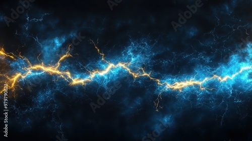 A dramatic electric discharge with blue and yellow lightning bolts against a dark background