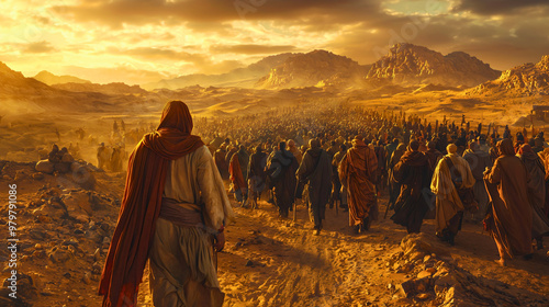 The image depicts the biblical event of Moses leading his Jewish people to the promised land through the desert, as commanded by God. photo