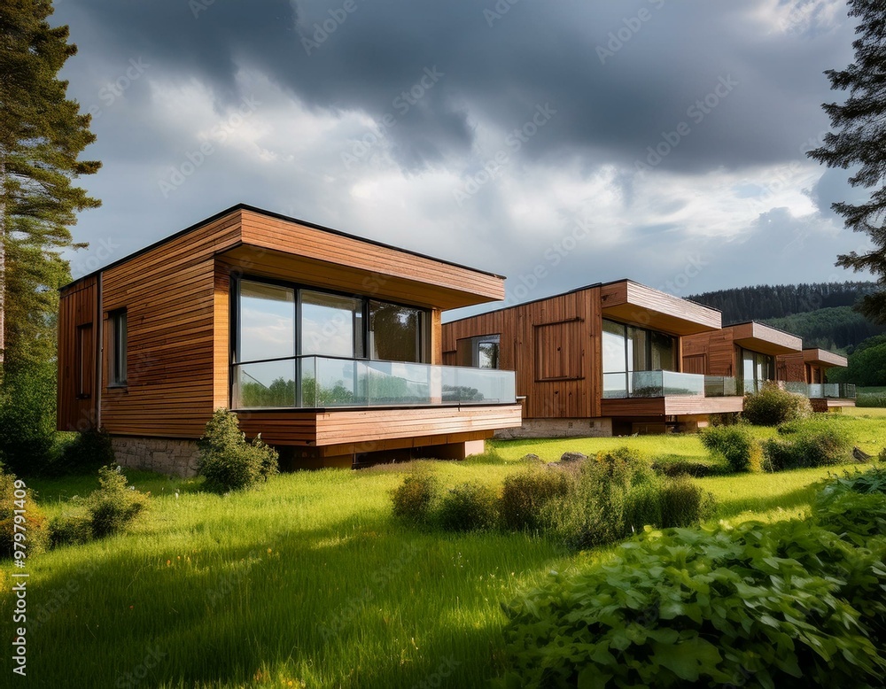 modern wooden house in a green area with clouds modern wooden house in a green area with clouds