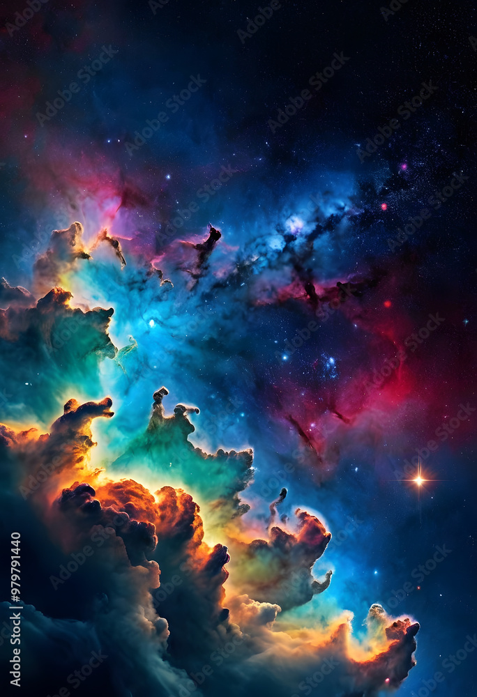 A stunning view of a colorful nebula in space, showcasing swirling clouds of gas and dust in shades of pink, blue, and purple, with bright stars scattered throughout the scene. A stunning view of a colorful nebula in space, showcasing swirling clouds of gas and dust in shades of pink, blue, and purple, with bright stars scattered throughout the scene.