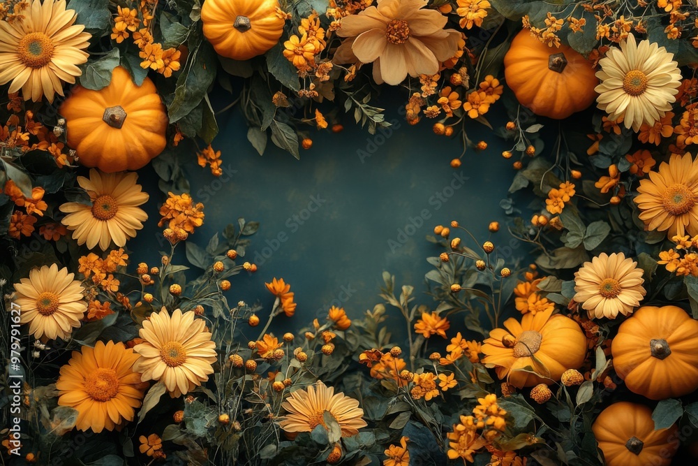 Fototapeta premium Colorful mini pumpkins and flowers decorations. Autumn composition frame. Free copy space