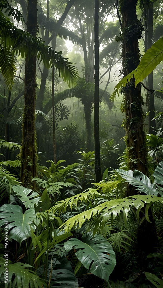 Tropical rainforest with lush green leaves. Tropical rainforest with lush green leaves.