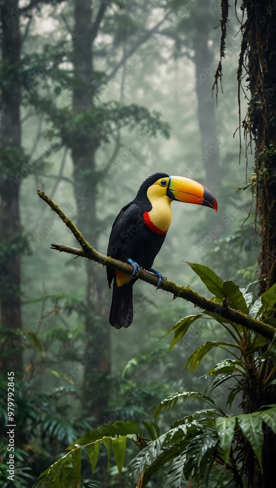 Tropical toucan perched in a misty rainforest. Tropical toucan perched in a misty rainforest.