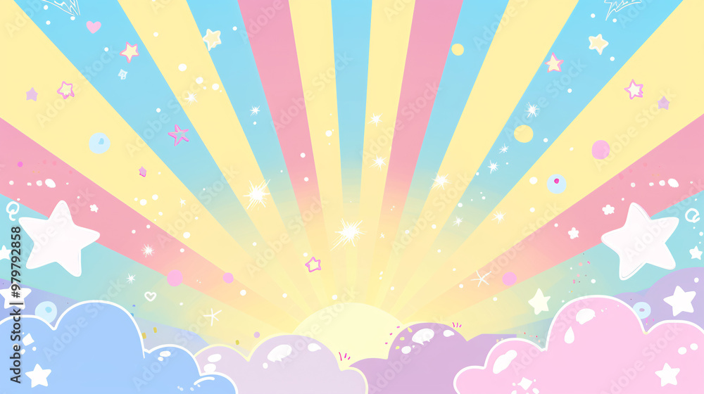 Pastel Rainbow Sunburst Background with Clouds and Stars Pastel Rainbow Sunburst Background with Clouds and Stars