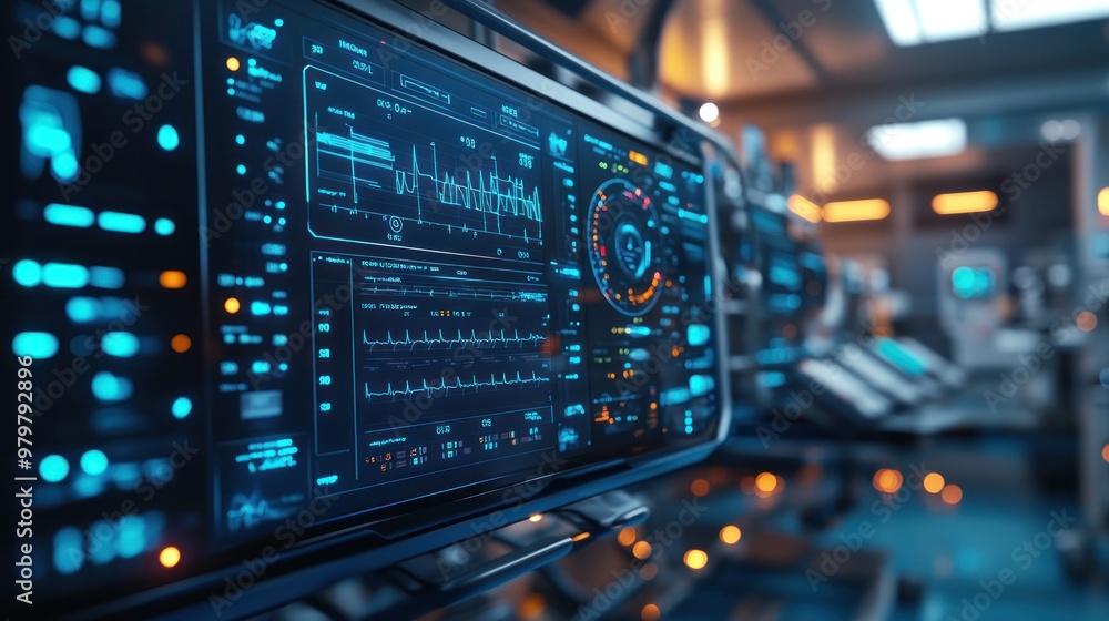 A futuristic patient monitoring system with a blue digital interface providing real-time data and advanced care. A futuristic patient monitoring system with a blue digital interface providing real-time data and advanced care.