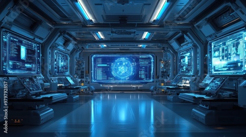 A futuristic medical diagnostic room with blue screens and digital readouts, equipped with high-tech equipment.