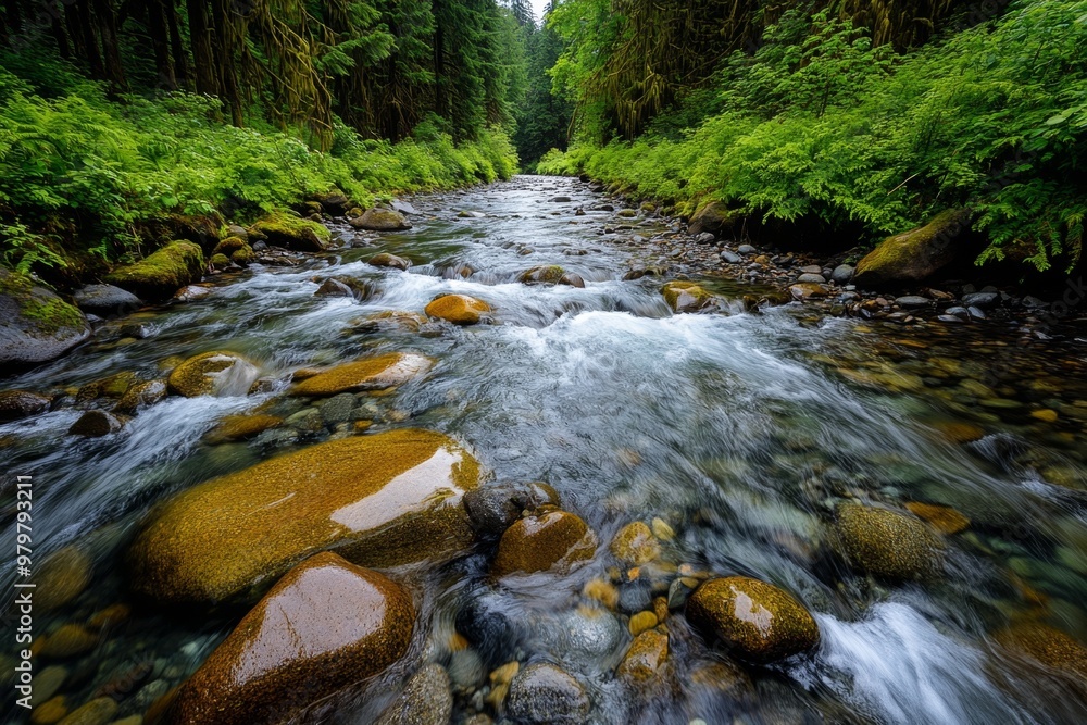Olympic National Park's Elwha River, flowing peacefully through dense forests as it meanders toward the ocean Olympic National Park's Elwha River, flowing peacefully through dense forests as it meanders toward the ocean