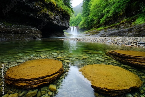 Olympic National Park's Enchanted Valley, where waterfalls cascade from towering cliffs and flow into a lush valley photo