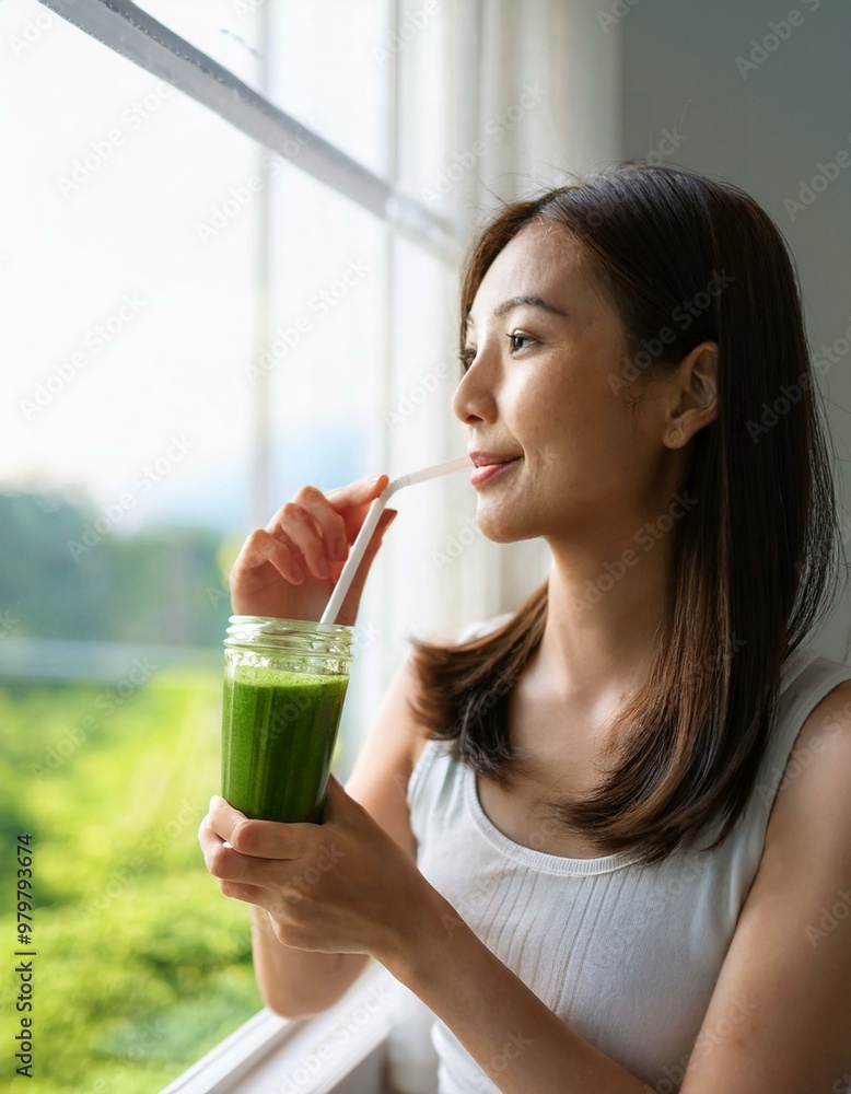asian young woman enjoying a green smoothie while gazing out of a window on a sunny day asian young woman enjoying a green smoothie while gazing out of a window on a sunny day