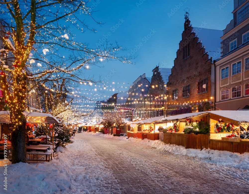 Snow-covered market street illuminated by festive lights during winter evening Snow-covered market street illuminated by festive lights during winter evening