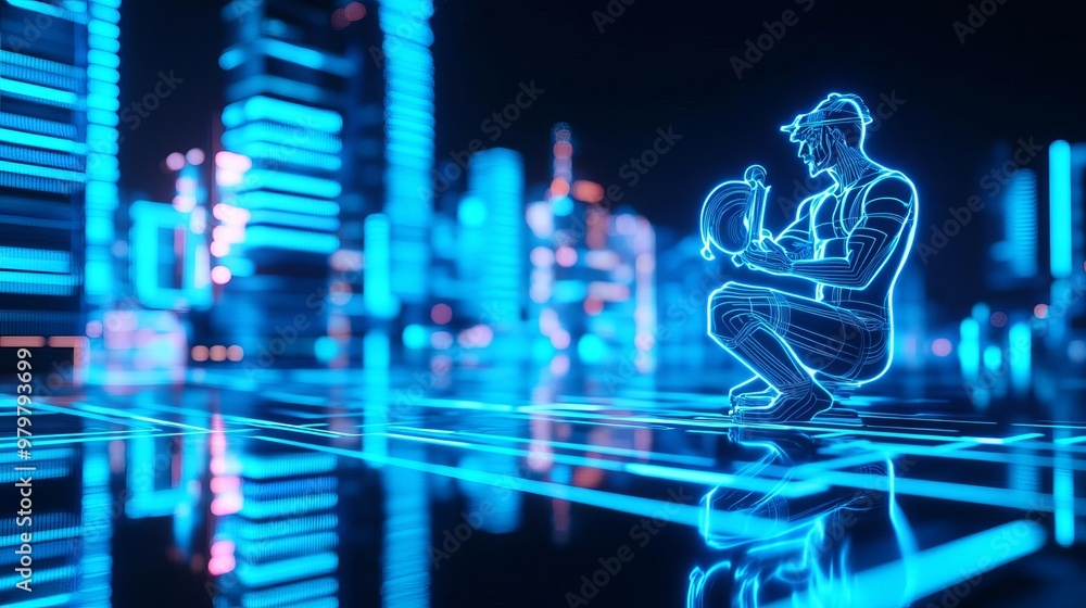 Aquarius man, futuristic cityscape, neon blue hues, water bearer motif, innovative style Aquarius man, futuristic cityscape, neon blue hues, water bearer motif, innovative style