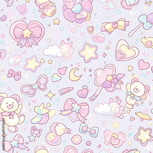 Cute Kawaii Seamless Pattern with Bears and Stars