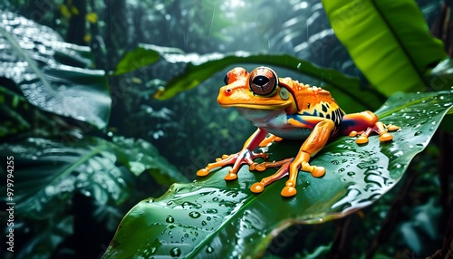 Colorful Tropical Frog resting on Leaf in Lush Rainforest, Highlighting Vibrant Wildlife and Exotic Nature in Sunlit Jungle Environment photo