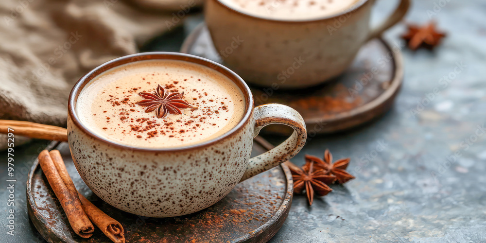 Traditional Indian masala chai tea with spices served in a rustic mug on textured background. Traditional Indian masala chai tea with spices served in a rustic mug on textured background.