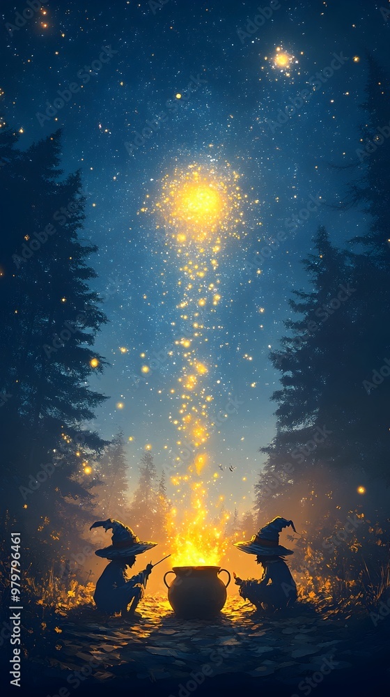 Witches Brewing Glowing Potion in Dark Enchanted Forest with Mysterious Vibes Witches Brewing Glowing Potion in Dark Enchanted Forest with Mysterious Vibes