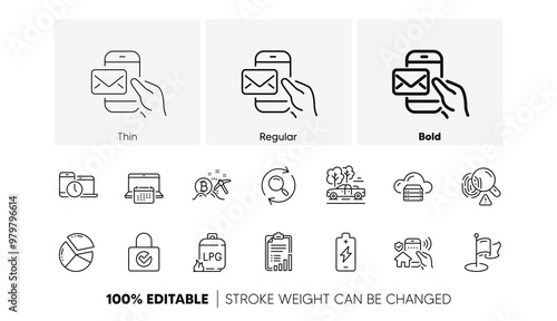 Time management, Bitcoin mining and Gas cylinder line icons. Pack of Checklist, Battery charging, Search icon. Milestone, Calendar, Cloud server pictogram. Password encryption. Line icons. Vector