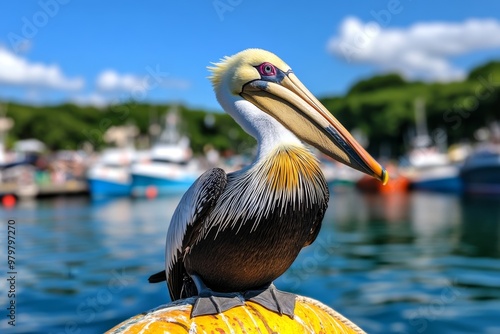 Pelican perched on a buoy, calmly observing the bustling harbor filled with boats and activity photo