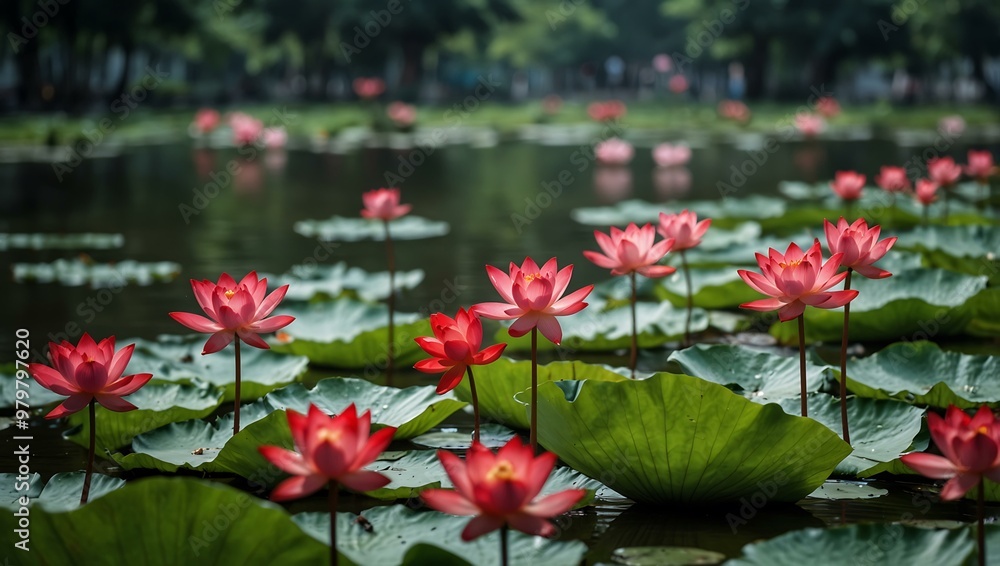 Vibrant red lotus flowers bloom in urban parks during summer. Vibrant red lotus flowers bloom in urban parks during summer.