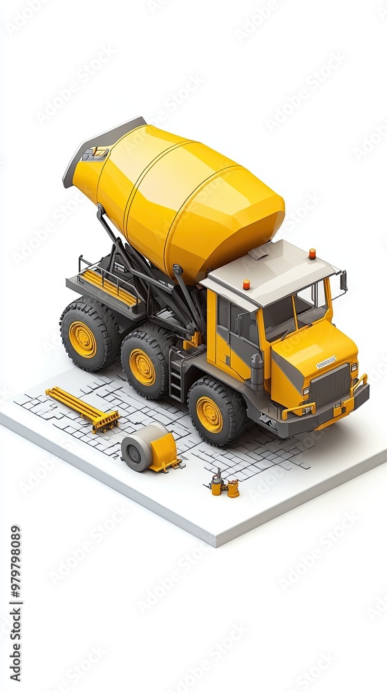 Isometric 3D render of concrete mixer on white background showcasing detailed construction machinery Isometric 3D render of concrete mixer on white background showcasing detailed construction machinery