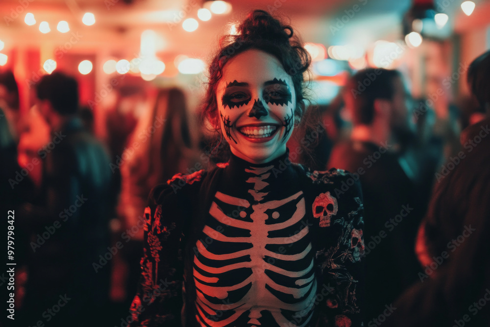 A young woman dressed up as a skeleton at a Halloween party A young woman dressed up as a skeleton at a Halloween party