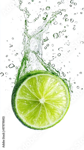 Crisp image of a lime splash swirl isolated on white background with circular droplets reflecting lime green tones floating vividly