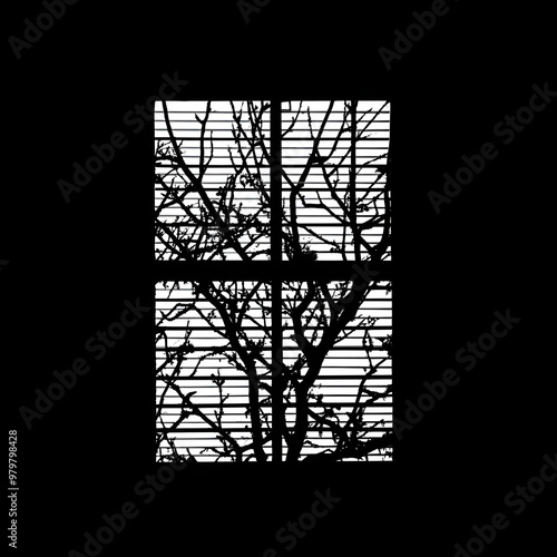 Silhouette of window and tree branches on black. Gobo mask for light source.
