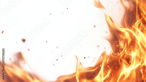 Dynamic and vivid flame with bright embers on a white background, perfect for creative projects and visual storytelling.