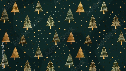 seamless christmas pattern golden fir trees on dark green background, for printing on fabric, wrapping paper and decor