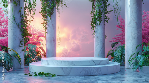 Podium pedestal in ancient Greek style. Minimal scene in pink pastel cream room with marble colonnade and classic columns. Trendy 3d render for social media, promotion, show