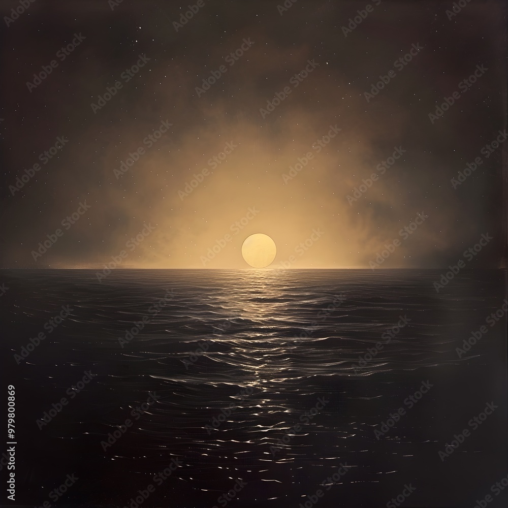 Solitary Orb Drifting Beneath the Starry Horizon A Minimalist Seascape of Ethereal Beauty Solitary Orb Drifting Beneath the Starry Horizon A Minimalist Seascape of Ethereal Beauty