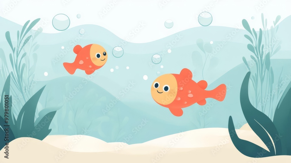 Illustration of two happy orange fish swimming underwater with green seaweed, bubbles, and a sandy seabed. Illustration of two happy orange fish swimming underwater with green seaweed, bubbles, and a sandy seabed.