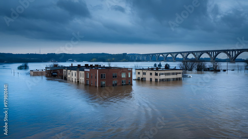 Wallpaper Mural A residential area affected by flooding, with houses partially submerged in water. The scene shows overcast skies and a high water level, indicating recent heavy rainfall. Torontodigital.ca