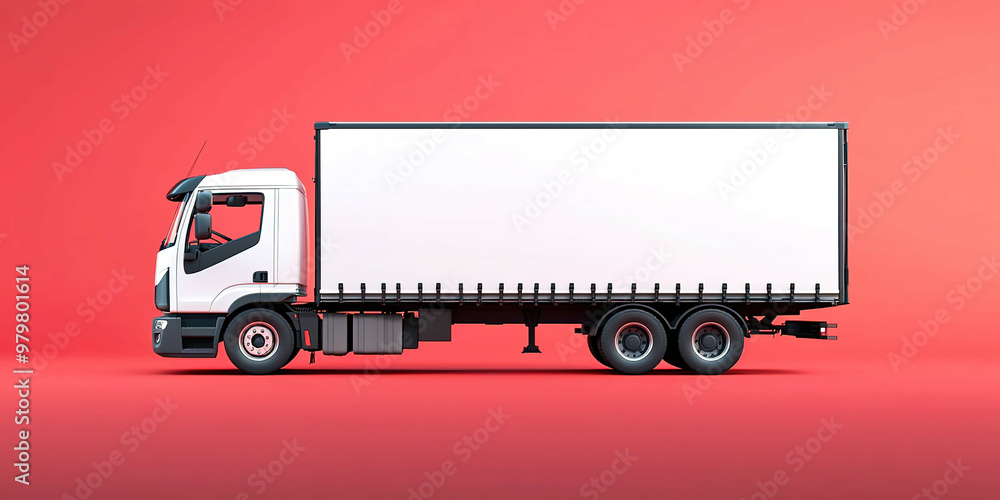 White cargo truck on red background mockup White cargo truck on red background mockup