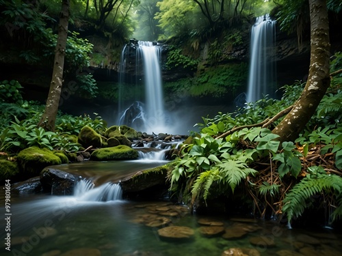 Waterfall cascading in a lush forest