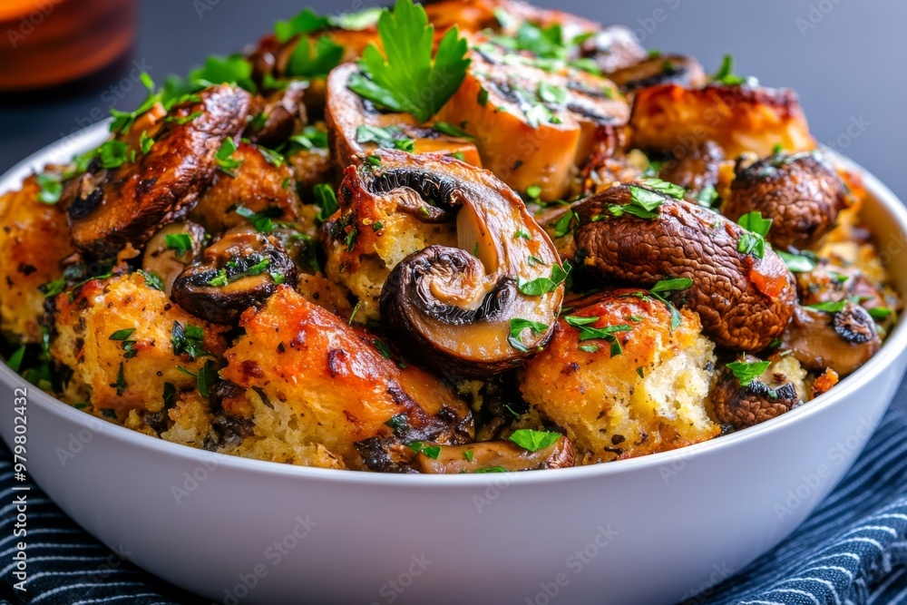 Wild mushroom stuffing, savory and full of earthy flavors, baked to golden perfection Wild mushroom stuffing, savory and full of earthy flavors, baked to golden perfection