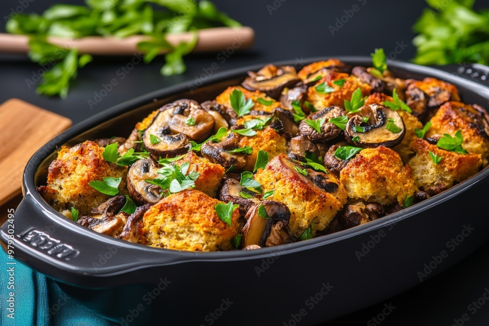 Wild mushroom stuffing, savory and full of earthy flavors, baked to golden perfection Wild mushroom stuffing, savory and full of earthy flavors, baked to golden perfection