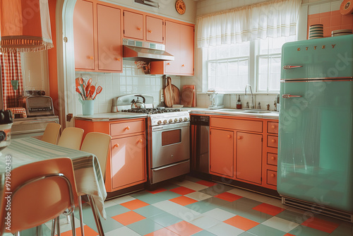 Retro kitchen with colorful appliances and checkered floor