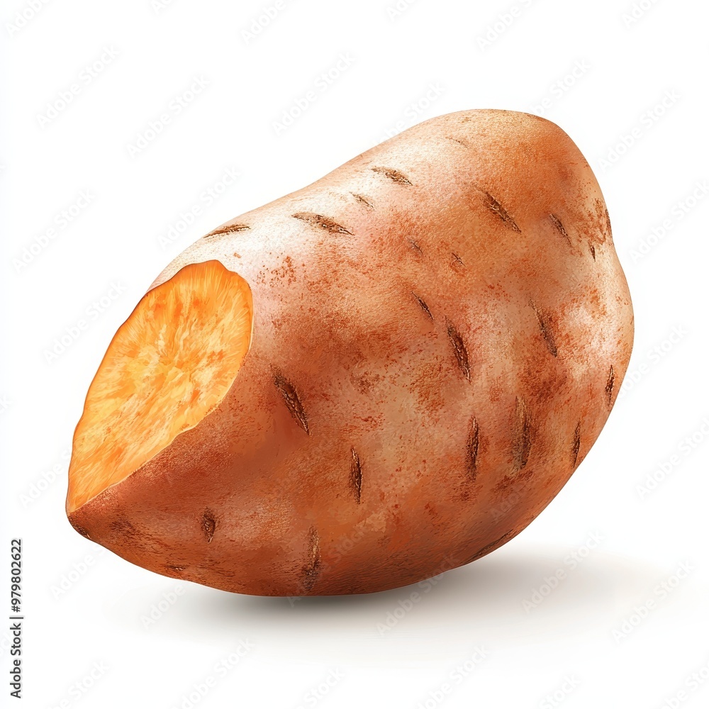 A fresh sweet potato, showcasing its rich orange interior and rough brown skin, perfect for healthy meals and recipes, white background A fresh sweet potato, showcasing its rich orange interior and rough brown skin, perfect for healthy meals and recipes, white background