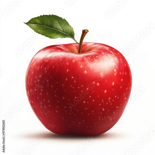 A fresh, vibrant red apple with a green leaf, perfect for representing health, nutrition, and natural food concepts, white background