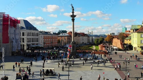 Drone fly in Warsaw, a center of the old city, The Market Square 