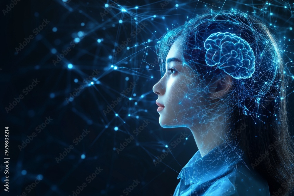 Woman illuminated by glowing brain connections symbolizing intellectual clarity cognitive growth and advanced neural technology Woman illuminated by glowing brain connections symbolizing intellectual clarity cognitive growth and advanced neural technology