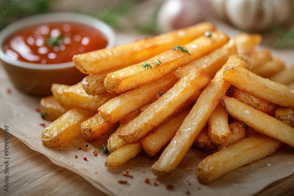 crispy golden french fries perfectly arranged potato sticks on pristine white background sharp focus highlights texture warm tones evoke mouthwatering appeal crispy golden french fries perfectly arranged potato sticks on pristine white background sharp focus highlights texture warm tones evoke mouthwatering appeal