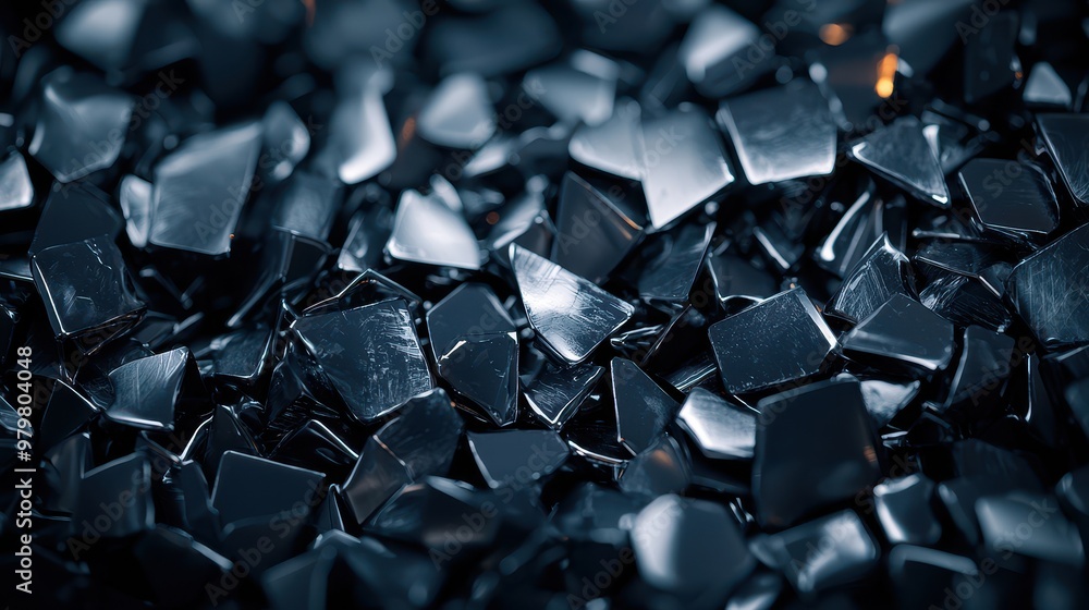 Fototapeta premium Close-up of shiny black shards arranged in a chaotic pattern, perfect for texture, backdrop, or abstract art projects.