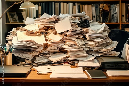 A chaotic office scene featuring a towering pile of disorganized paperwork and cluttered workspace, representing overwhelming tasks.