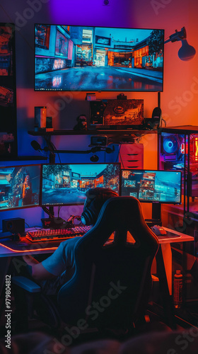 Modern Gaming Setup with RGB Lighting and Multiple Screens