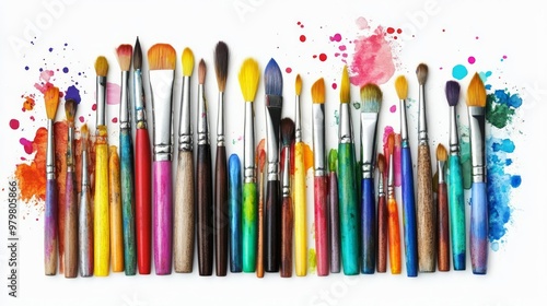 A colorful assortment of paintbrushes with various sizes and shapes, splattered with vibrant paint, perfect for artistic creativity and craft projects.