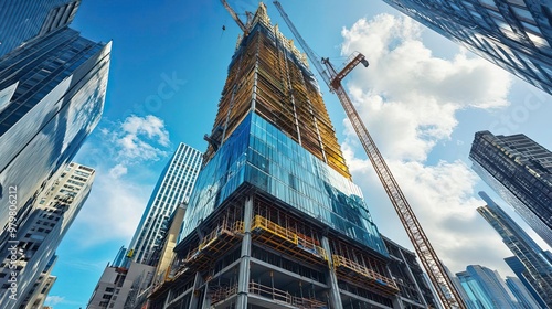 A modern skyscraper under construction, showcasing cranes and reflective glass in a vibrant urban environment.