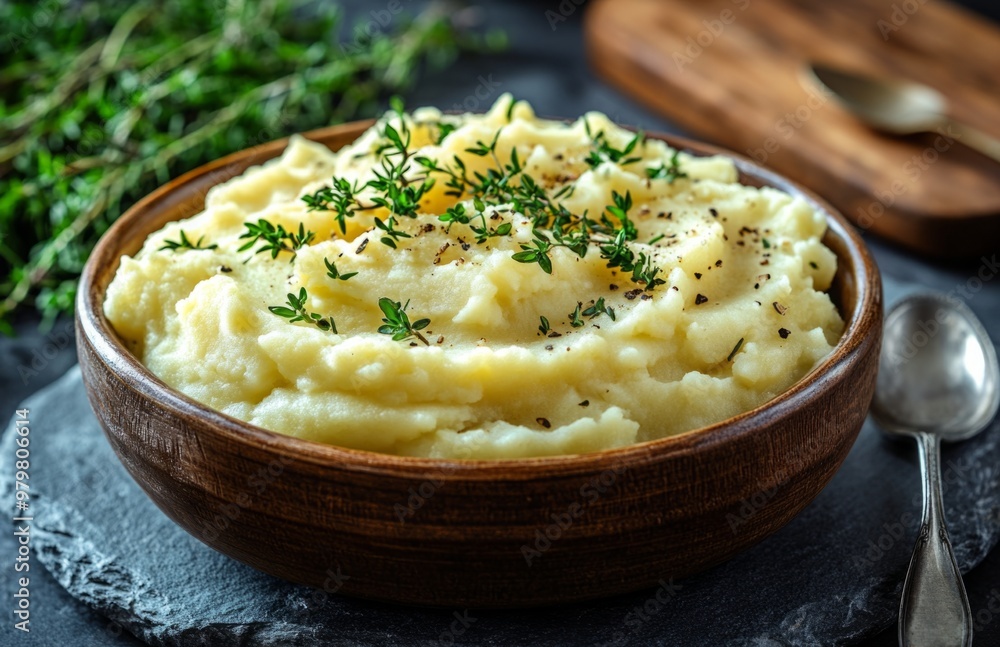 Creamy mashed potatoes with fresh herbs, served with a silver spoon Creamy mashed potatoes with fresh herbs, served with a silver spoon