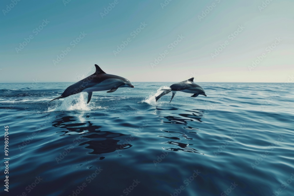 Naklejka premium Two dolphins leap gracefully from the shimmering ocean waves. Their playful ballet captures the essence of freedom. This image embodies serenity and joy. Generative AI