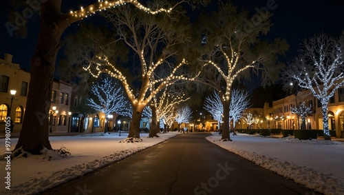 Winter park illuminated by Christmas lights.